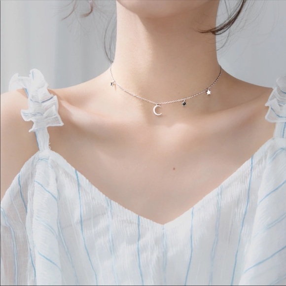 π Sterling Silver 925 Star Moon Necklace - Picture 2 of 3